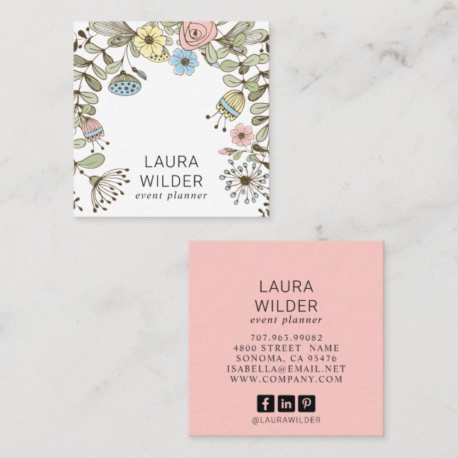Boho Floral Event Planner Pink Square Business  Square Business Card (Front/Back)