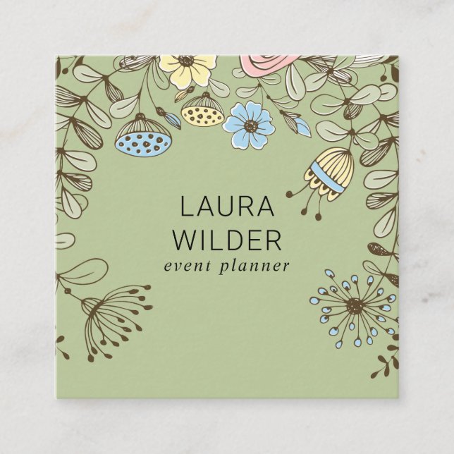 Boho Floral Event Planner Square Business Card (Front)