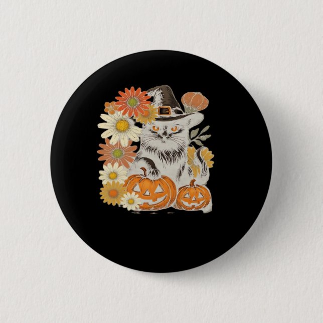 Boho Floral Fall Black Cat Halloween Essential T-S 6 Cm Round Badge (Front)
