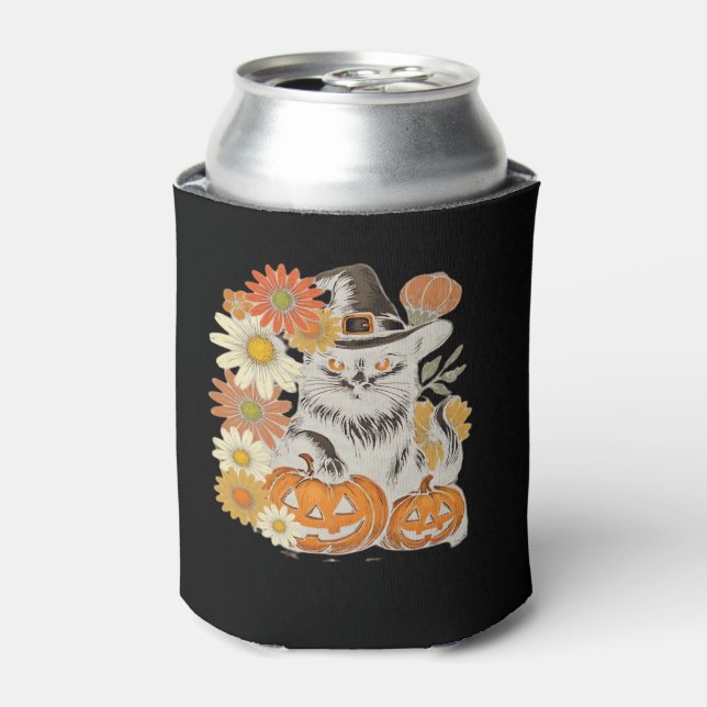 Boho Floral Fall Black Cat Halloween Essential T-S Can Cooler (Can Front)