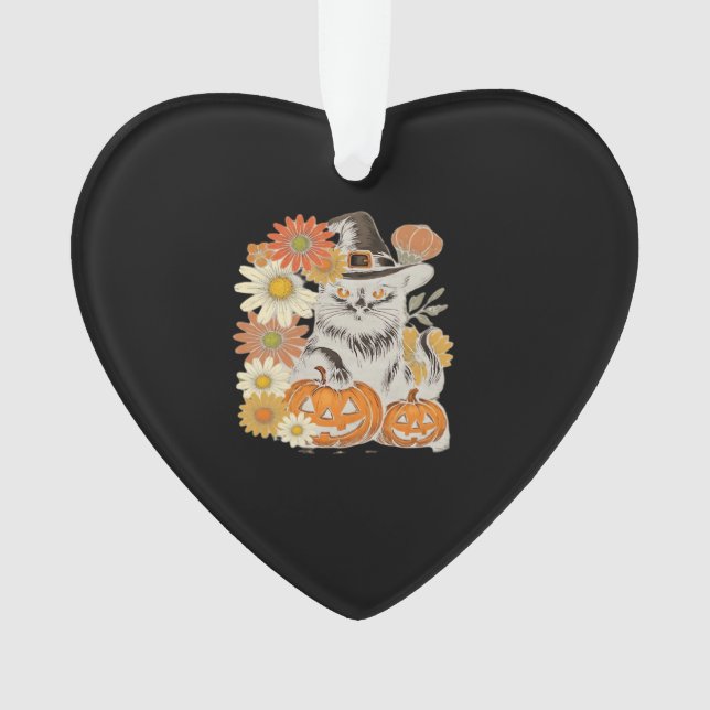 Boho Floral Fall Black Cat Halloween Essential T-S Ornament (Front)