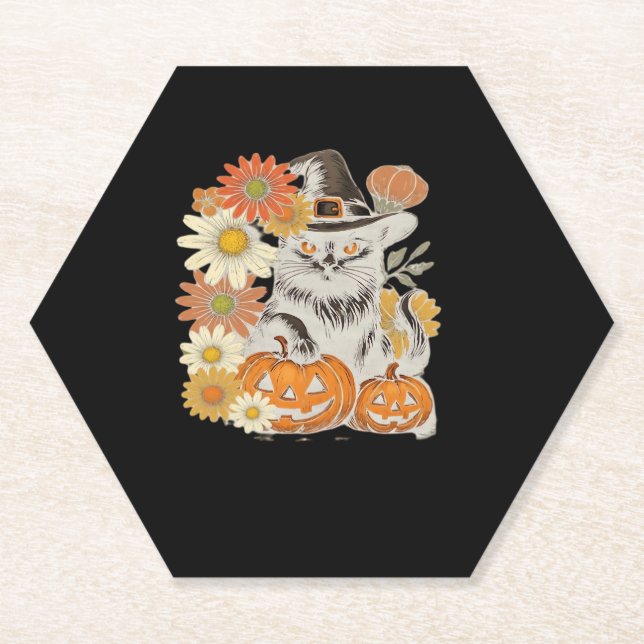 Boho Floral Fall Black Cat Halloween Essential T-S Paper Coaster (Front)