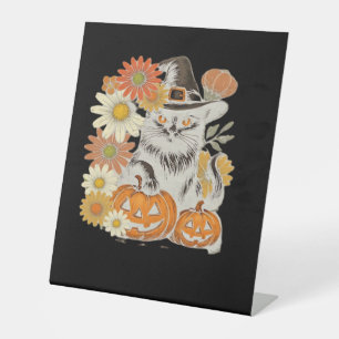 Boho Floral Fall Black Cat Halloween Essential T-S Pedestal Sign