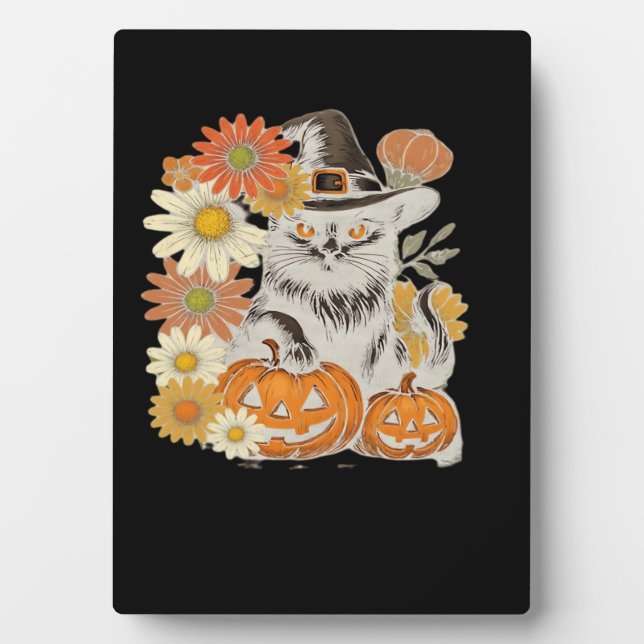 Boho Floral Fall Black Cat Halloween Essential T-S Plaque (Front)