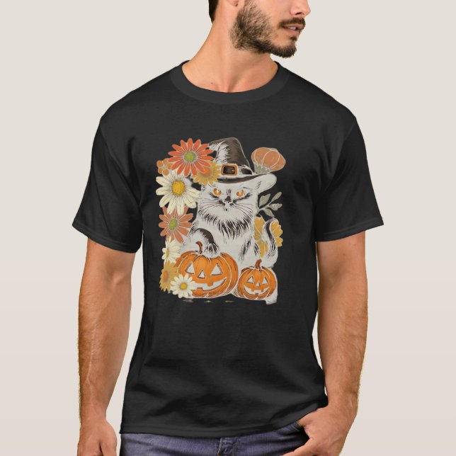 Boho Floral Fall Black Cat Halloween Essential T-S T-Shirt (Front)