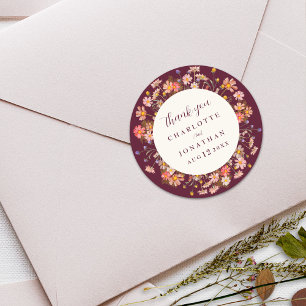 Boho Floral Fall Burgundy Wedding Thank You Classic Round Sticker