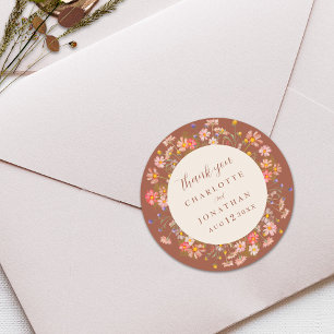 Boho Floral Fall Burnt Orange Wedding Thank You Classic Round Sticker