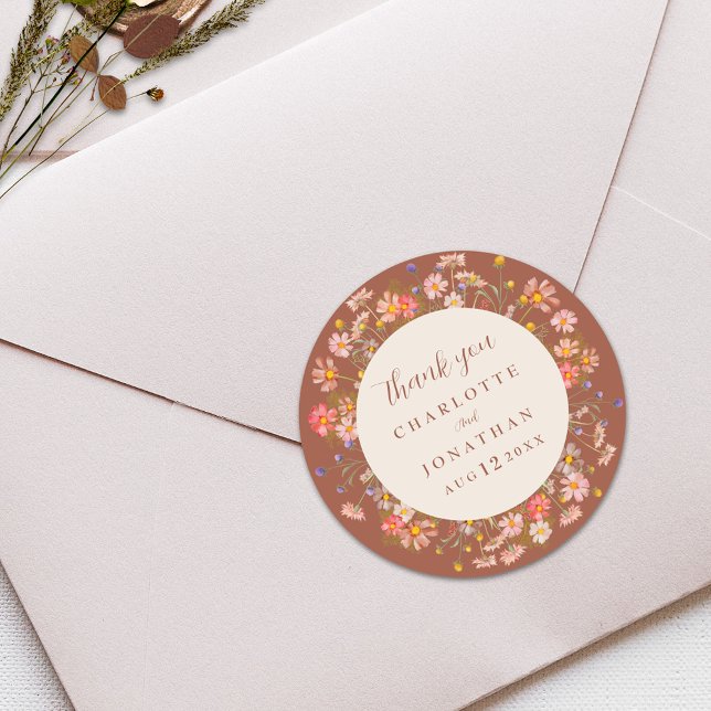 Boho Floral Fall Burnt Orange Wedding Thank You  Classic Round Sticker (Boho fall rustic Wildflower floral burnt orange and beige Wedding thank you custom stickers)