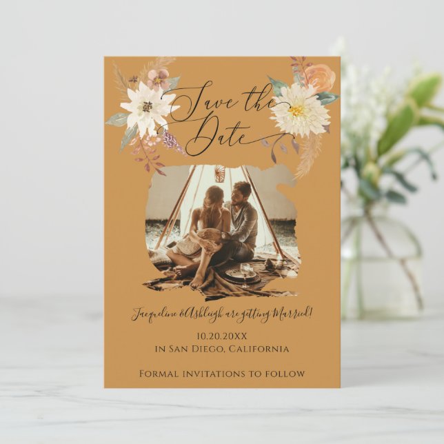 BOHO Floral Fall Foliage Mustard Gold Earthy Photo Save The Date (Standing Front)