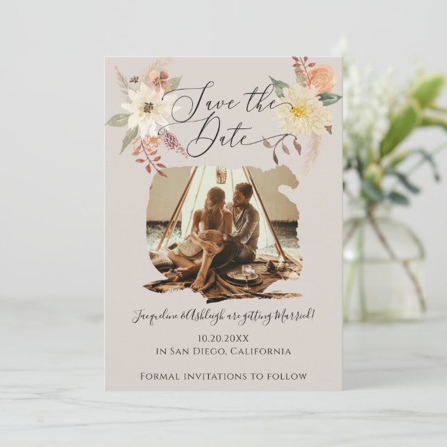 BOHO Floral Fall Foliage Taupe Grey Earthy Photo Save The Date (Standing Front)