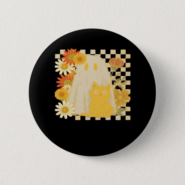 Boho Floral Fall Ghost and Black Cat Halloween Fal 6 Cm Round Badge (Front)