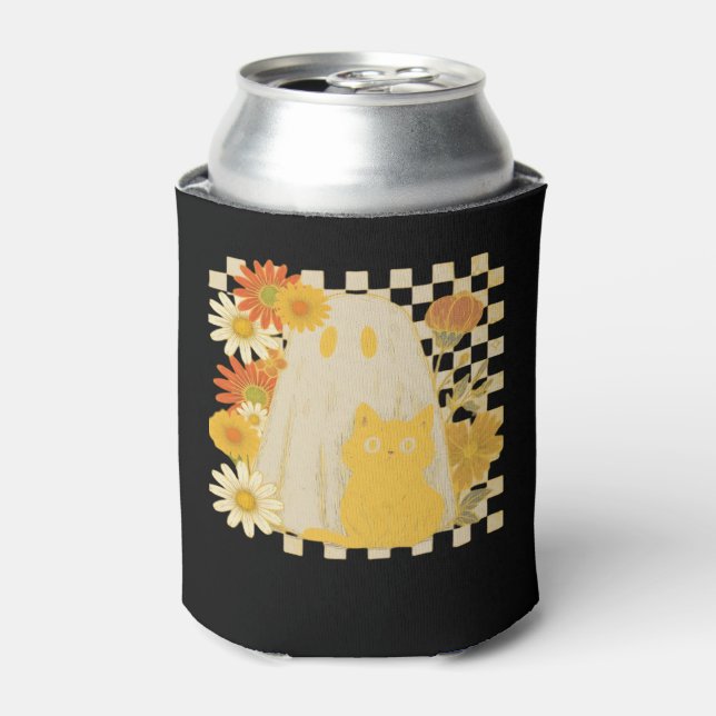 Boho Floral Fall Ghost and Black Cat Halloween Fal Can Cooler (Can Front)