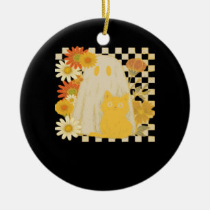 Boho Floral Fall Ghost and Black Cat Halloween Fal Ceramic Tree Decoration