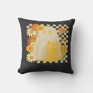 Boho Floral Fall Ghost and Black Cat Halloween Fal Cushion
