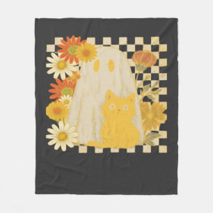 Boho Floral Fall Ghost and Black Cat Halloween Fal Fleece Blanket