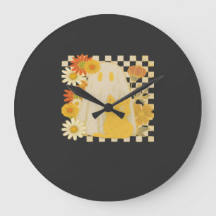 Boho Floral Fall Ghost and Black Cat Halloween Fal Large Clock