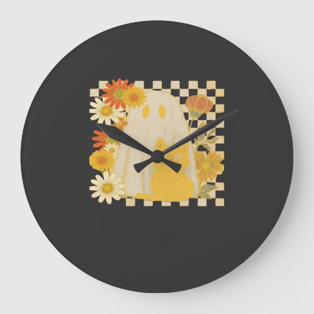 Boho Floral Fall Ghost and Black Cat Halloween Fal Large Clock (Front)