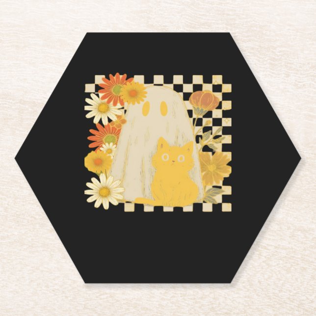 Boho Floral Fall Ghost and Black Cat Halloween Fal Paper Coaster (Front)