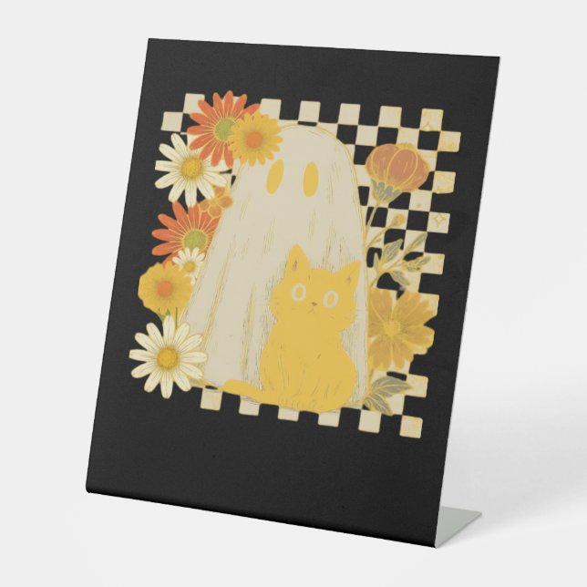 Boho Floral Fall Ghost and Black Cat Halloween Fal Pedestal Sign (Front)