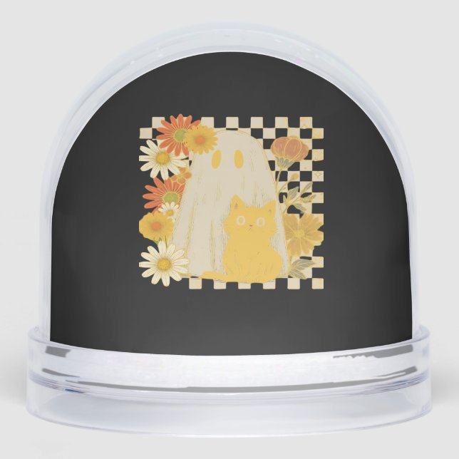 Boho Floral Fall Ghost and Black Cat Halloween Fal Snowglobe (Front)