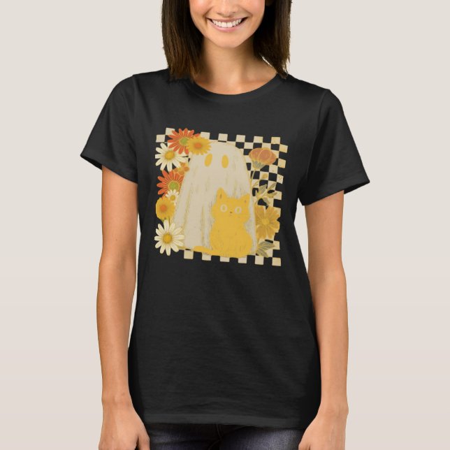 Boho Floral Fall Ghost and Black Cat Halloween Fal T-Shirt (Front)