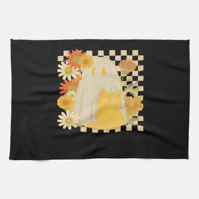Boho Floral Fall Ghost and Black Cat Halloween Fal Tea Towel (Horizontal)
