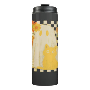 Boho Floral Fall Ghost and Black Cat Halloween Fal Thermal Tumbler
