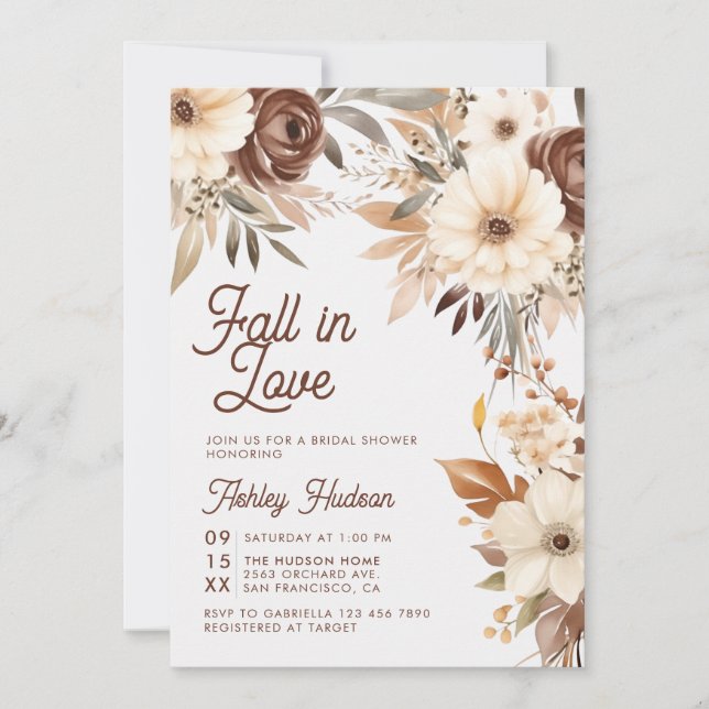 Boho Floral Fall in Love Bridal Shower Invitation (Front)