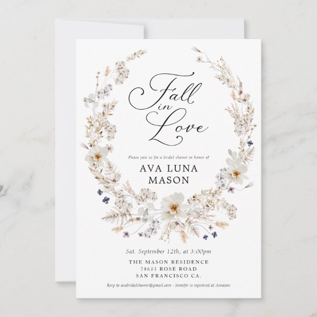 Boho Floral Fall in Love Bridal Shower Invitation (Front)