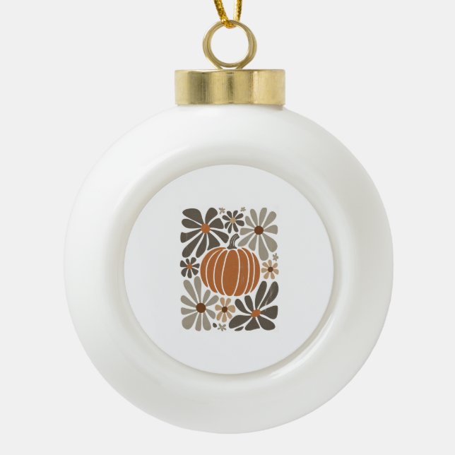 Boho Floral Fall Pumpkin Season Ceramic Ball Christmas Ornament (Front)