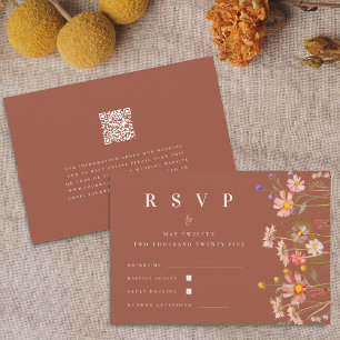 Boho Floral Fall Terracotta Beige Qr Code Wedding RSVP Card
