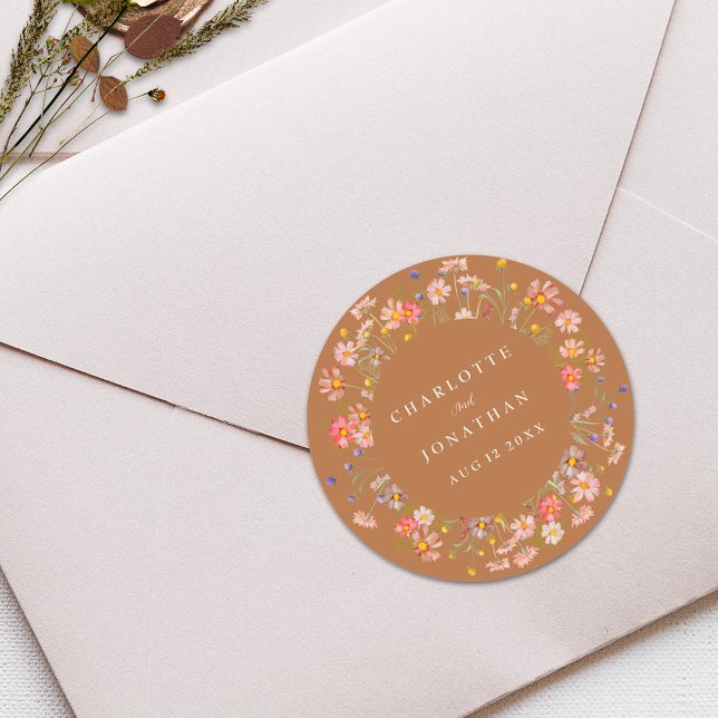 Boho Floral Fall Wedding Classic Round Sticker (Boho rustic floral fall custom wedding stickers Watercolor wildflowers elegant modern Terracotta )
