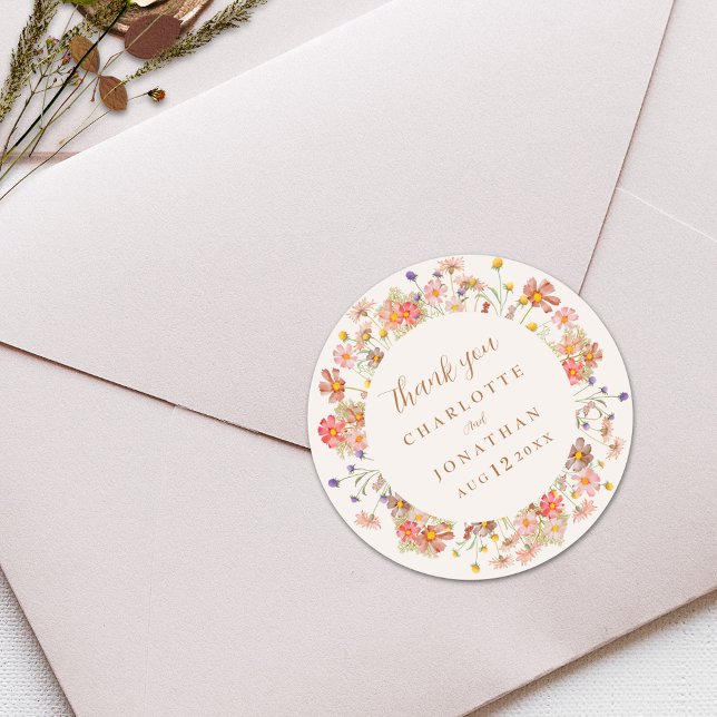 Boho Floral Fall Wedding Thank You Classic Round Sticker (Boho wildflower rustic fall wedding thank you sticker beige cream ivory watercolor florals)