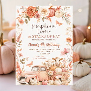 Boho Floral Farm Animals Pumpkin Leaves Birthday Invitation