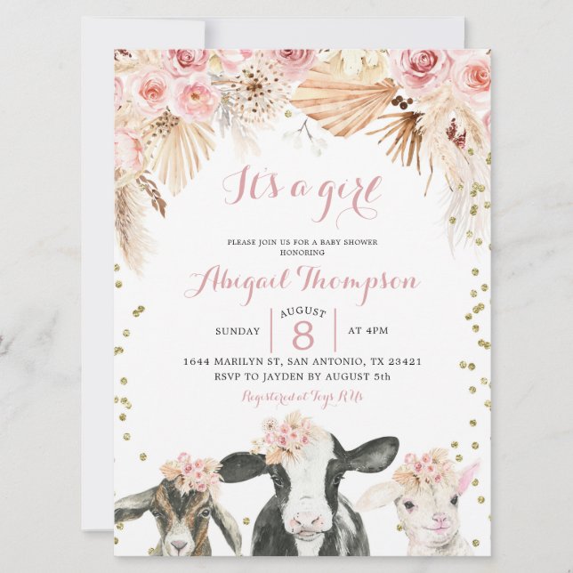 Boho floral farm girl baby shower invitation (Front)