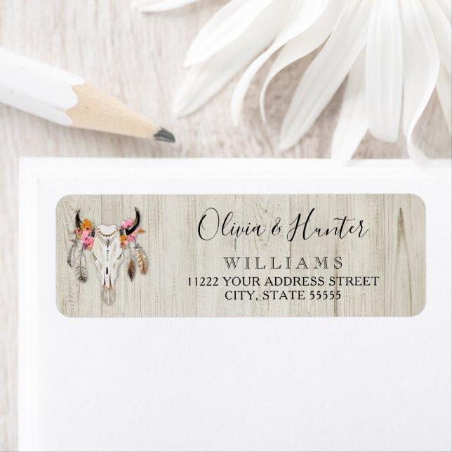 Boho Floral Feather Antler Cow Skull Rustic Wood (Insitu)