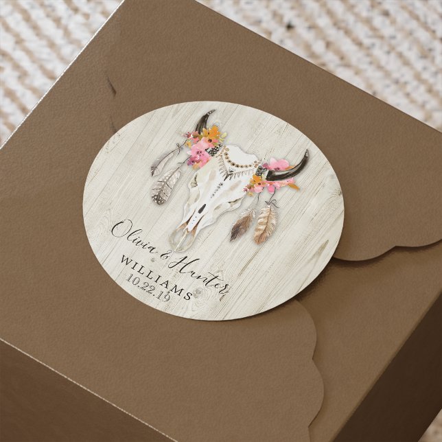 Boho Floral Feather Antler Cow Skull Wedding Classic Round Sticker (Creator Uploaded)