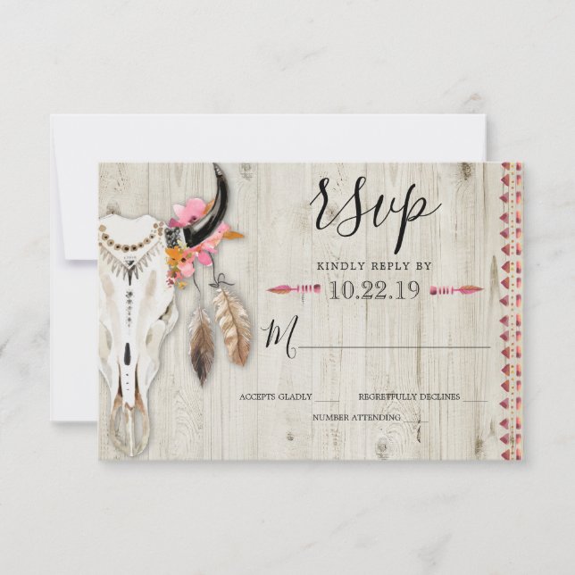 Boho Floral Feather Antler Cow Skull Wood Wedding RSVP Card (Front)