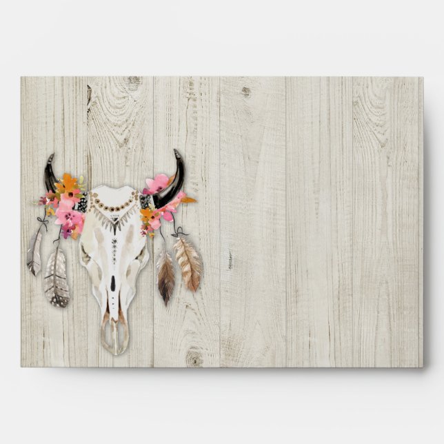 Boho Floral Feather Antler Rustic Wood Envelope (Front)