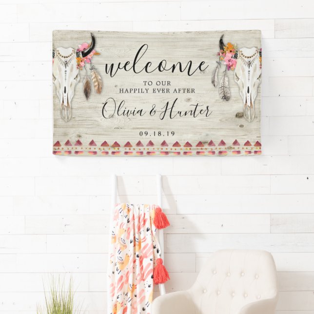 Boho Floral Feather Antler Skull Wedding Welcome Banner (Insitu)