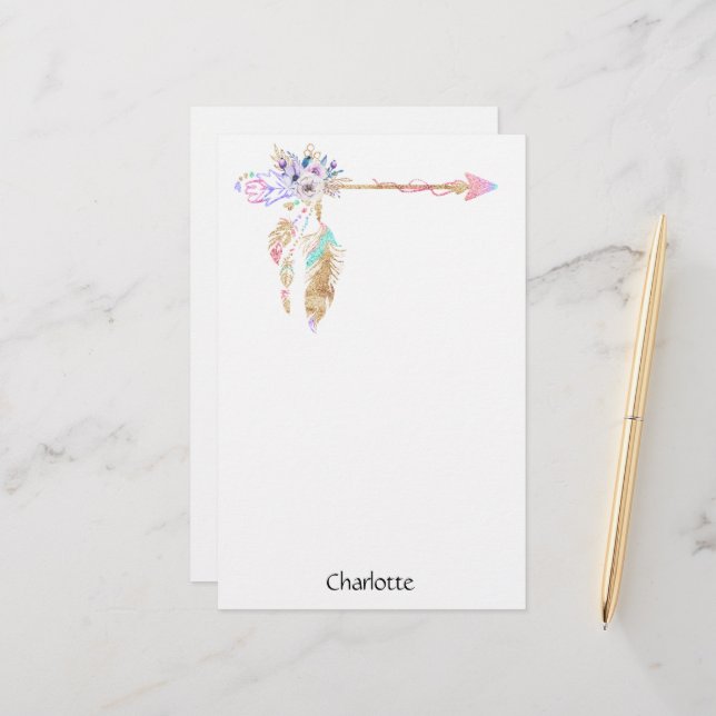 Boho Floral Feather Arrow Named Writing Paper (Front/Back In Situ)