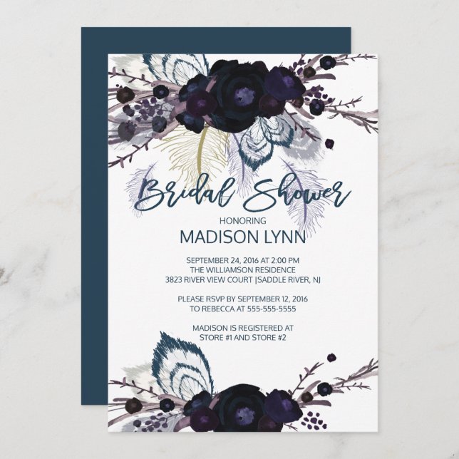 Boho Floral Feather Bridal Shower Invitation (Front/Back)