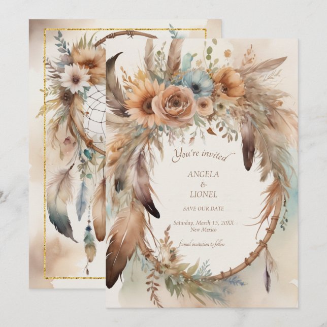 Boho Floral Feather Dreamcatcher Wedding Save The Date (Front/Back)