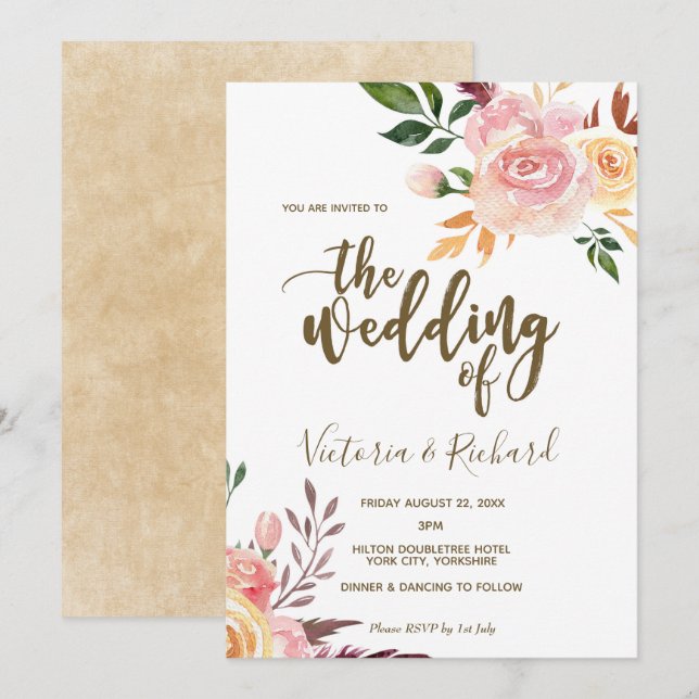 boho floral feather modern wedding invitation (Front/Back)