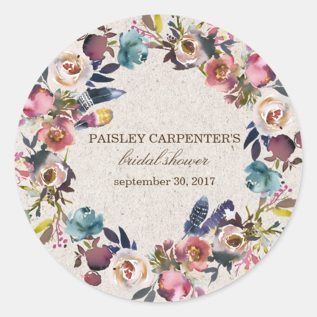 Boho Floral Feather Rustic Shower Sticker, Favour Classic Round Sticker (Front)