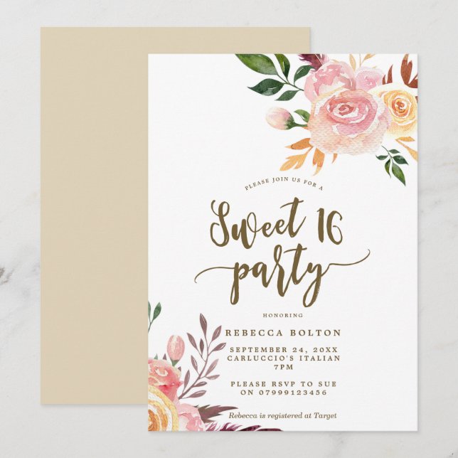 boho floral feather Sweet 16 invitation (Front/Back)