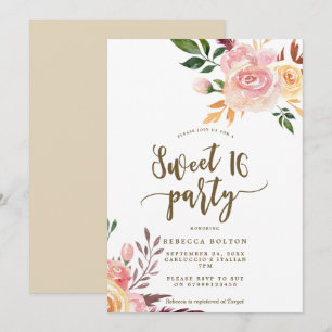 boho floral feather Sweet 16 invitation