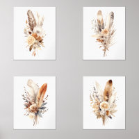 Boho Floral Feathers Beige Brown Grey Wall Art Set