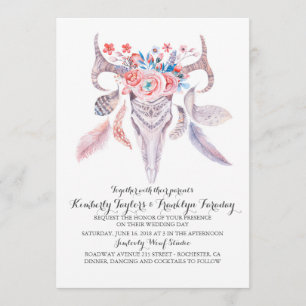 Boho Floral Feathers Deer Antlers Wedding Invitation