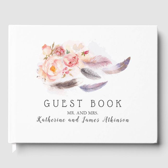 Boho Floral Feathers Guest Book (Front)